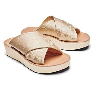 OLUKAI Onohi Tapa Bubbly Platform Wedge Leather Slide Sandals Womens Sz 10